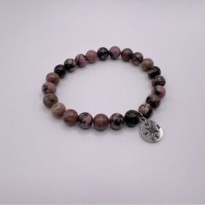 Rhodonite Stretchy Beaded Bracelet With Compass Charm